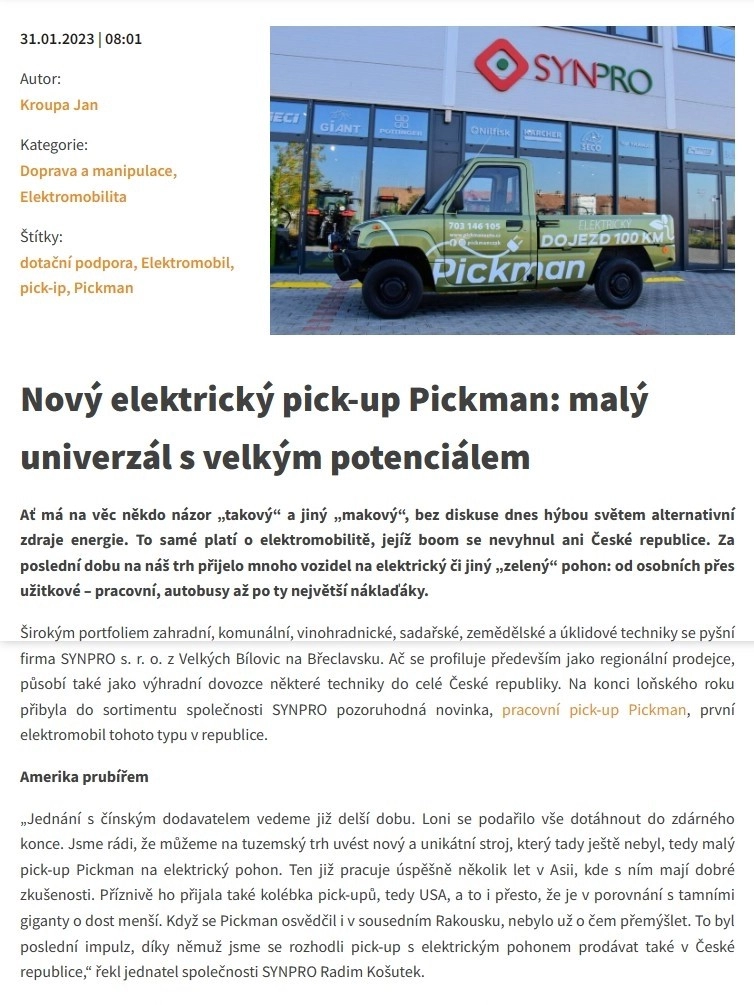 Nový elektrický pick-up Pickman: malý univerzál s velkým potenciálem